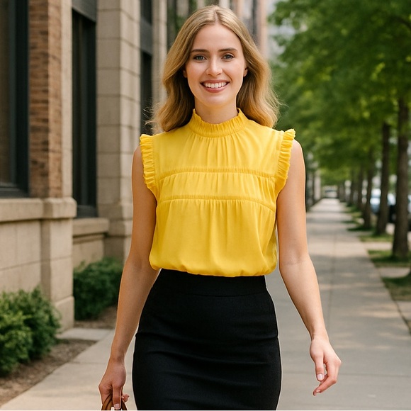 Max Studio Tops - 🆕 Max Studio Cornsilk Yellow Sleeveless Lightweight Ruffle Office Trim Blouse S